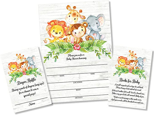 25 Sweet Safari Jungle Baby Shower Invitations and Envelopes (Large Size 5X7 inches), 25 Diaper Raffle Tickets, 25 Baby Shower Book Request Cards, Invites for Girl Boy Neutral Baby Showers Elephant