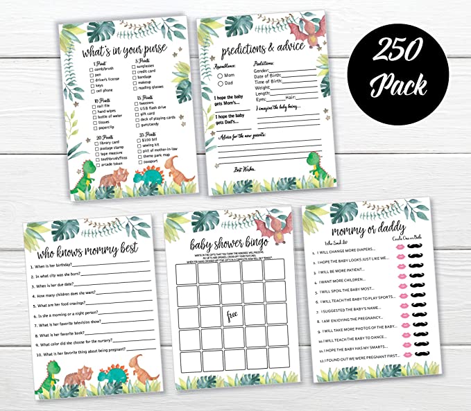 5 Game Large Dinosaur Baby Shower Game Pack (250-sheets) - Who Knows Mommy Best, Who Said It, Mommy or Daddy, What's in Your Purse, Gift Bingo, Advice Predictions