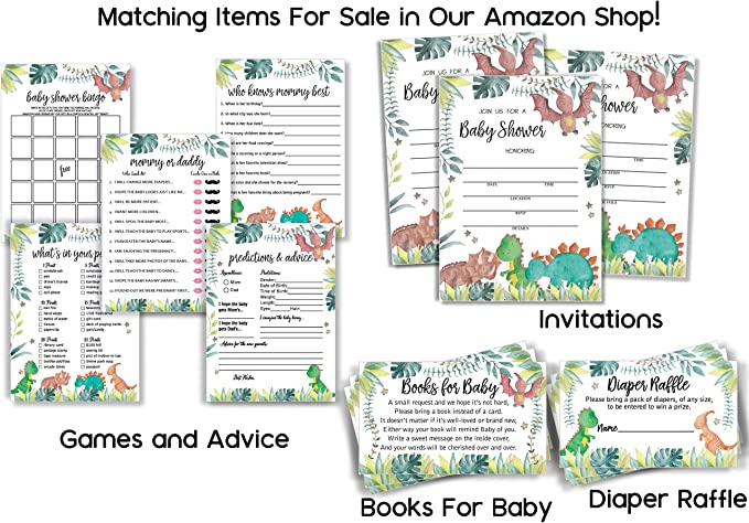 5 Game Large Dinosaur Baby Shower Game Pack (250-sheets) - Who Knows Mommy Best, Who Said It, Mommy or Daddy, What's in Your Purse, Gift Bingo, Advice Predictions