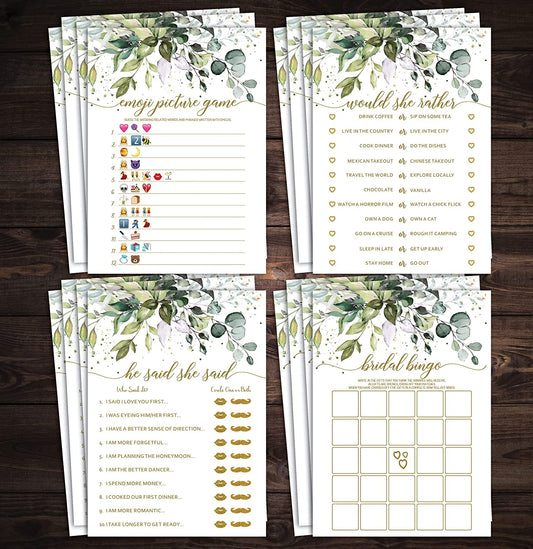 Bridal Shower Bachelorette Games, Eucalyptus Greenery, He Said She Said, Wedding Gift Bingo, Would She Rather, Emoji Picture Game, 25 games each (Double Sided)