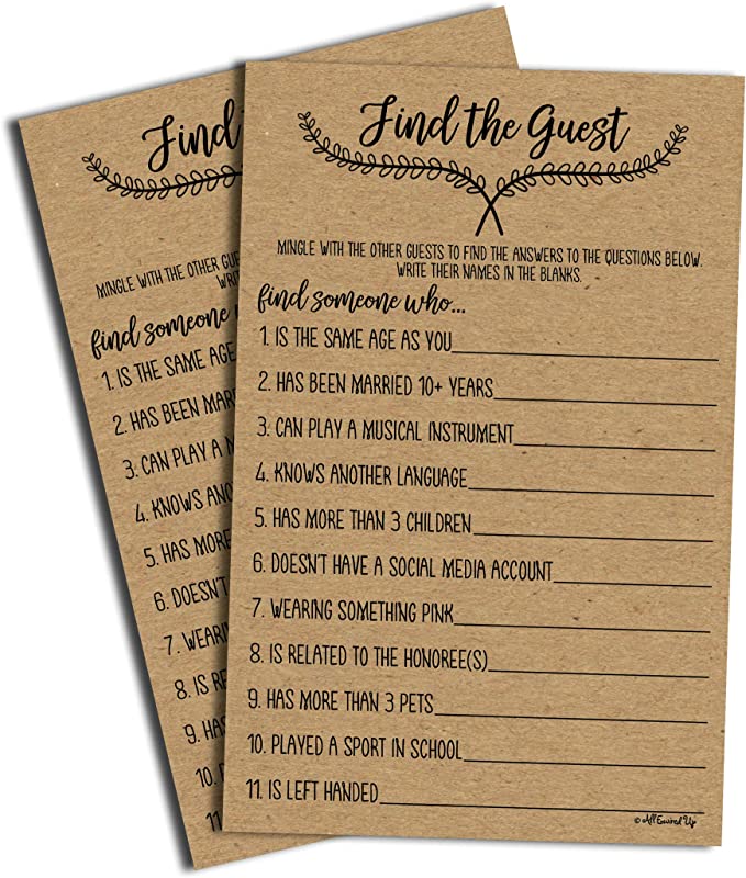 Find the Guest Game - Kraft (50-Sheets) Rustic Bridal Wedding Shower or Bachelorette Party Game, Printed Engagement Rehearsal (Large Size Sheets)