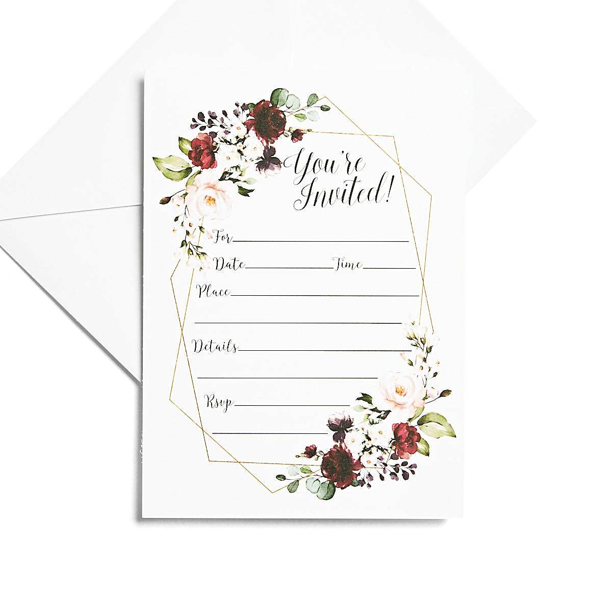 50 Elegant Floral Geometric Elegant Frame Invitation Burgundy Marsala Gold (Large Size 5x7)