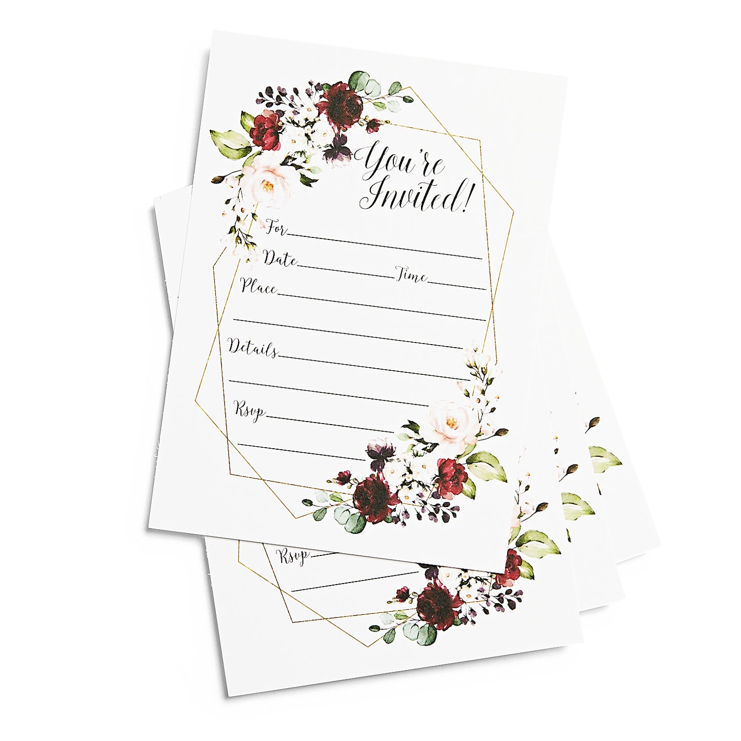 50 Elegant Floral Geometric Elegant Frame Invitation Burgundy Marsala Gold (Large Size 5x7)