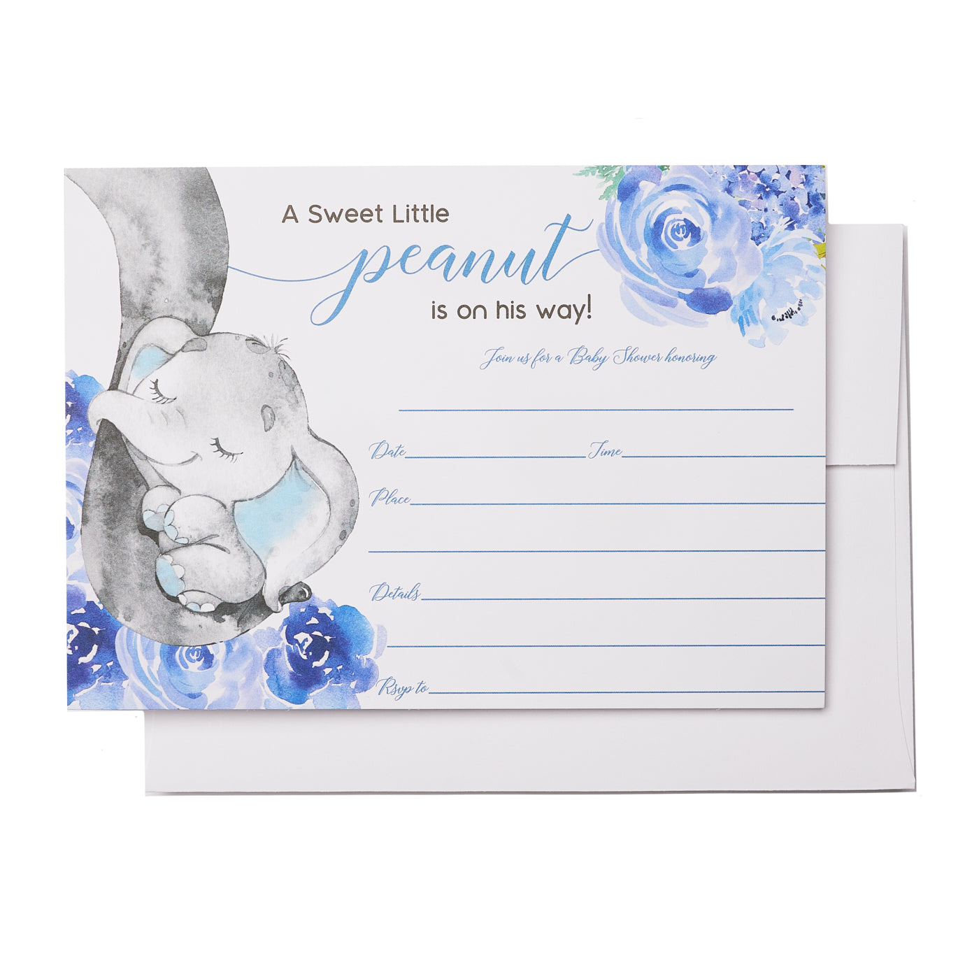 25 Elephant Jungle Baby Shower Invitations and Envelopes (Large Size 5X7 INCHES), 25 Diaper Raffle Tickets, 25 Baby Shower Book Request Cards, Floral Blue Elephant Animal Invites for Boy Baby Showers