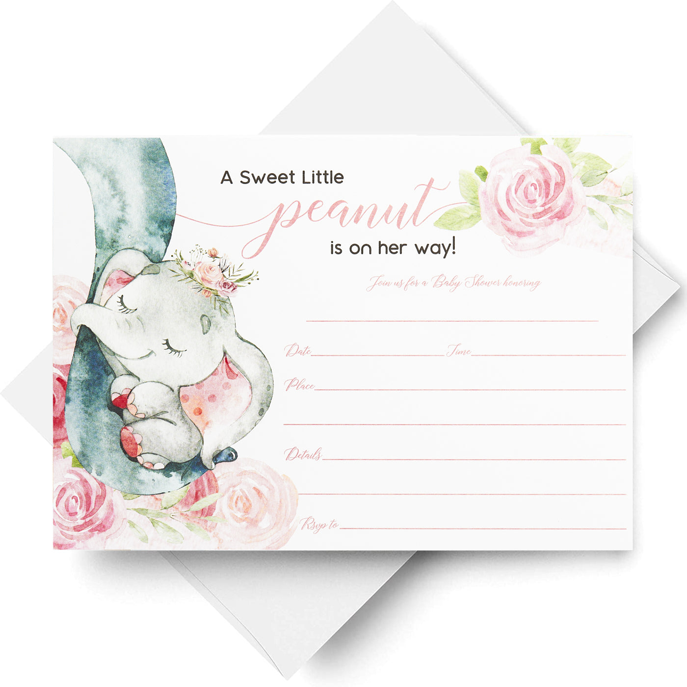 25 Pink Elephant Jungle Baby Shower Invitations and Envelopes (Large Size 5X7 INCHES), 25 Diaper Raffle Tickets, 25 Baby Shower Book Request Cards, Floral Elephant Animal Invites for Girl Baby Showers