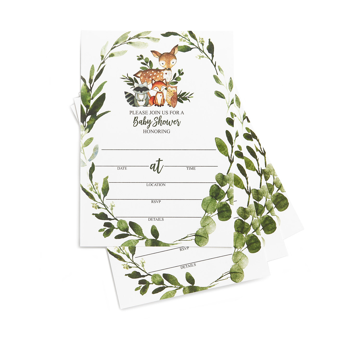 25 Wreath Woodlands Greenery Baby Shower Invitations (Large Size 5X7 inches), Diaper Raffle Tickets, Baby Shower Book Request Cards with Envelopes