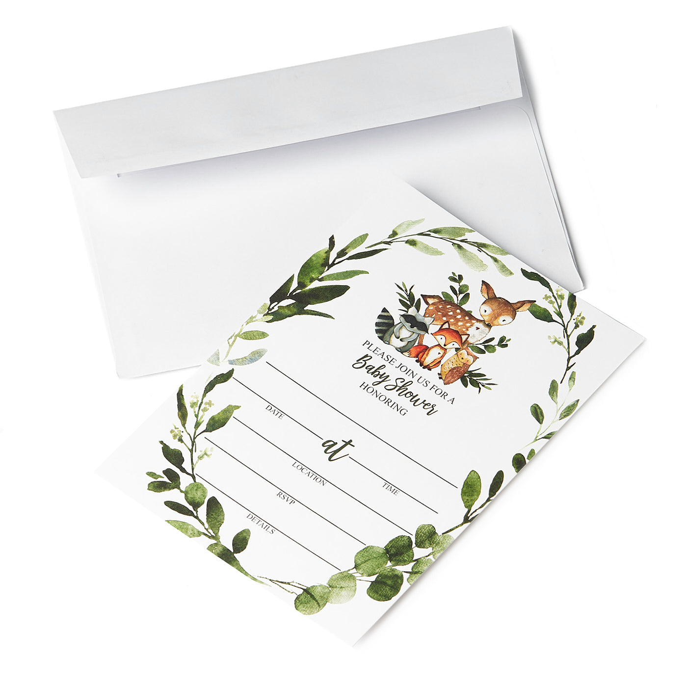 25 Wreath Woodlands Greenery Baby Shower Invitations (Large Size 5X7 inches), Diaper Raffle Tickets, Baby Shower Book Request Cards with Envelopes