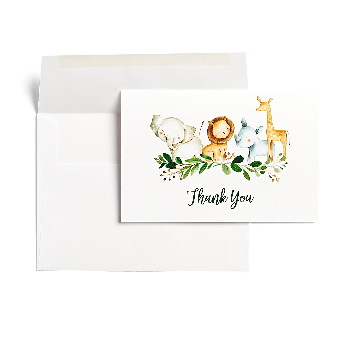 25 Safari Thank You Cards With Envelopes (Thick Card Stock) Baby Shower, Jungle Greenery Large Size 4x6 Zoo Animal Giraffe Lion Elephant Gratitude For Party, Girl Boy Children Birthday Stationery