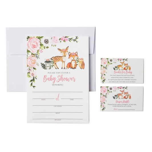 25 Girl Woodlands Floral Greenery Baby Shower Invitations (Large Size 5X7 inches), Diaper Raffle Tickets, Book Request Cards with Envelopes Woodland Creatures Invites Fox, Deer, Owl, Raccoon