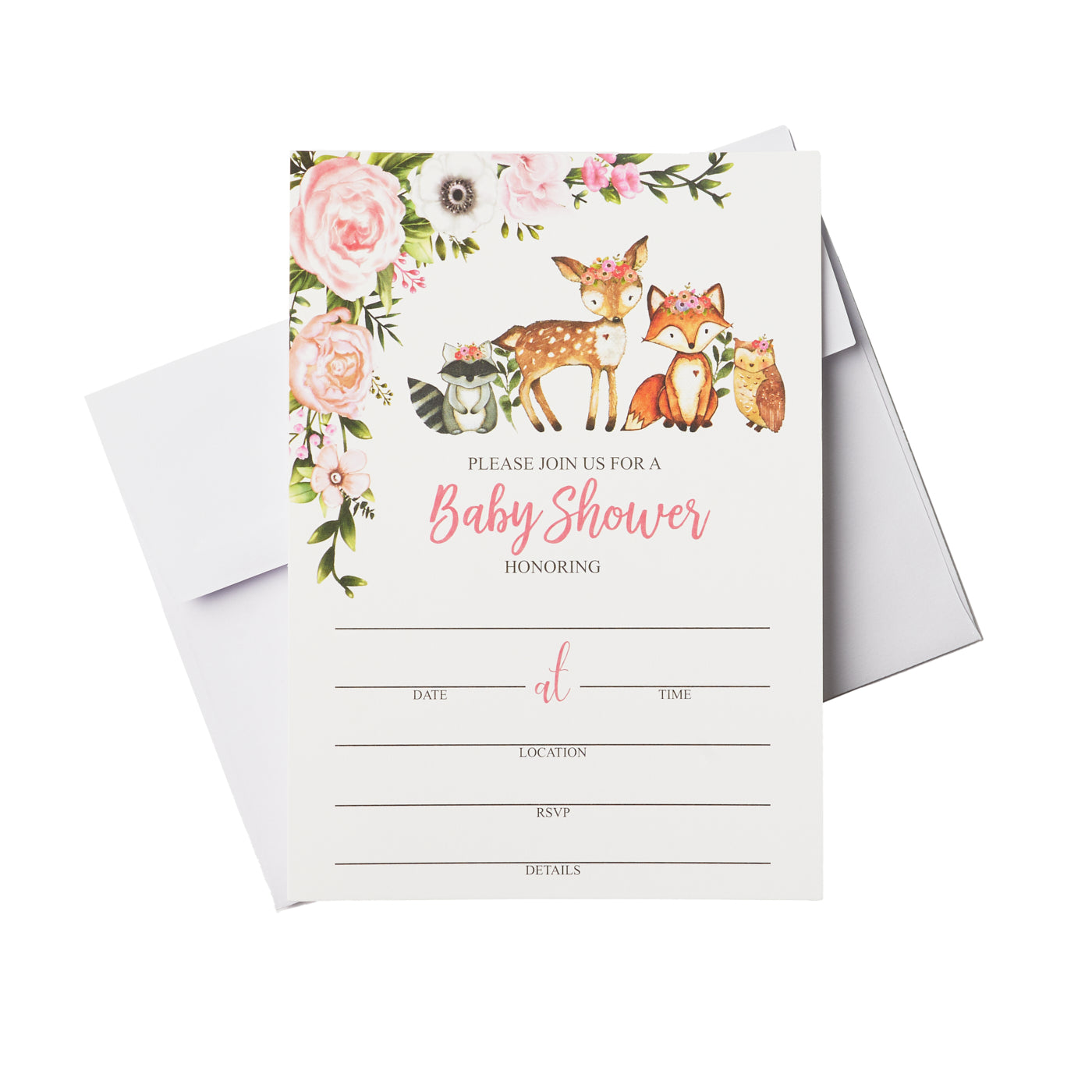 25 Girl Woodlands Floral Greenery Baby Shower Invitations (Large Size 5X7 inches), Diaper Raffle Tickets, Book Request Cards with Envelopes Woodland Creatures Invites Fox, Deer, Owl, Raccoon