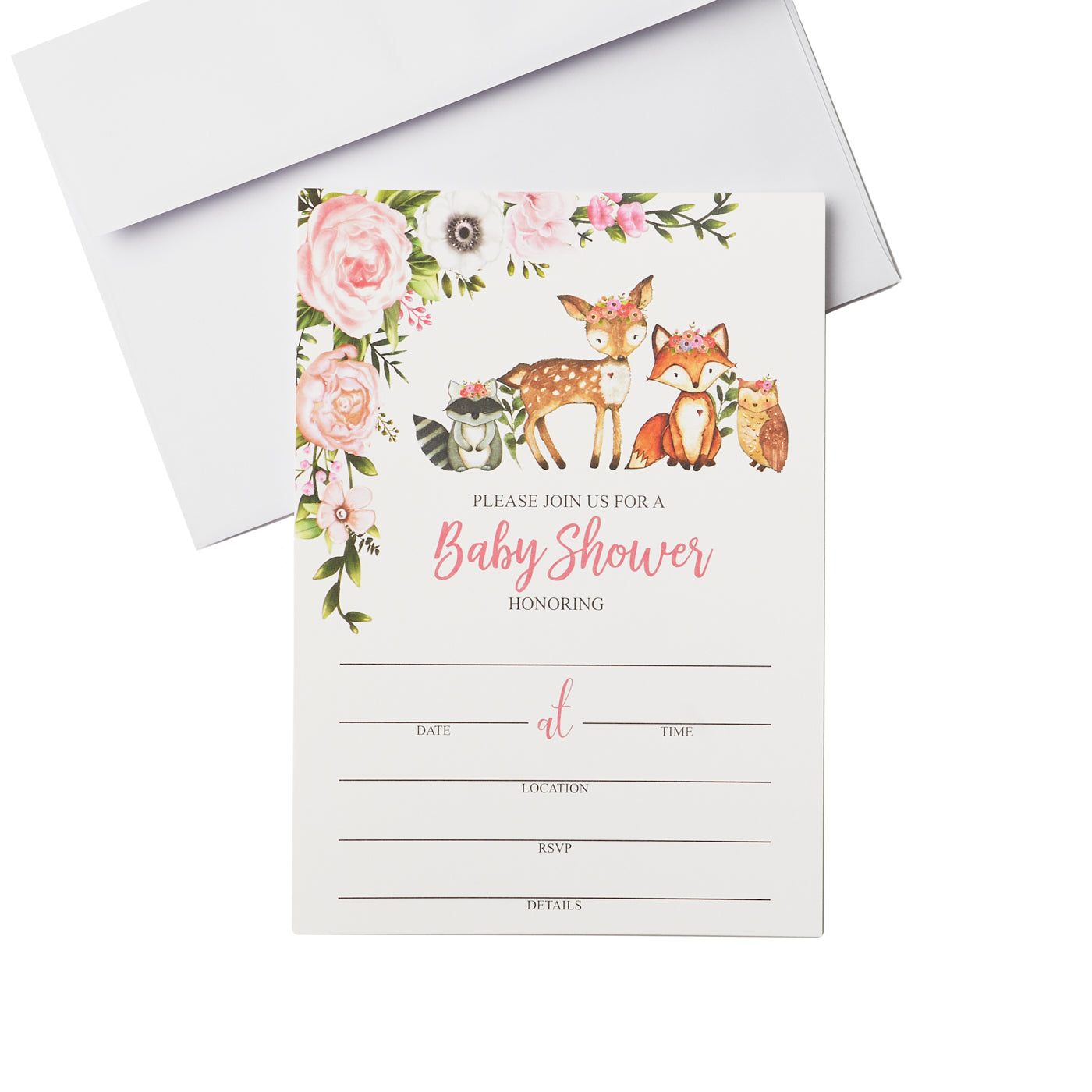 25 Girl Woodlands Floral Greenery Baby Shower Invitations (Large Size 5X7 inches), Diaper Raffle Tickets, Book Request Cards with Envelopes Woodland Creatures Invites Fox, Deer, Owl, Raccoon