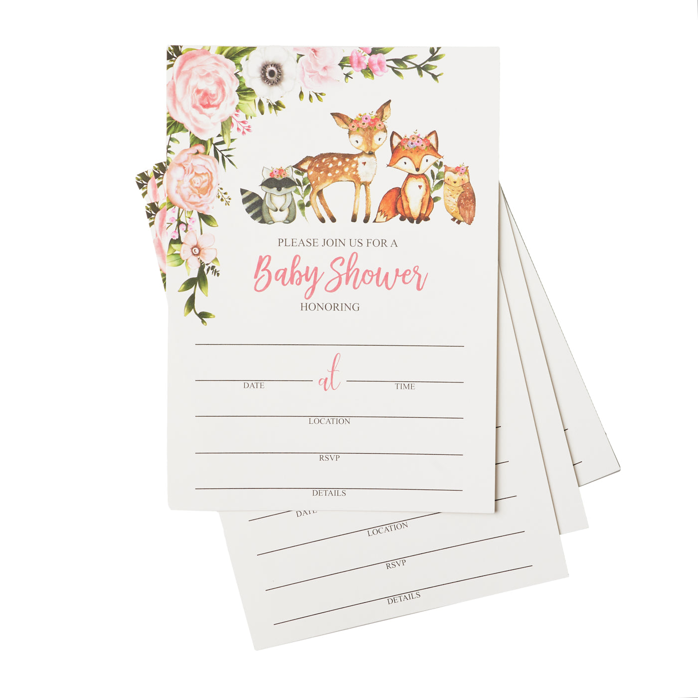 25 Girl Woodlands Floral Greenery Baby Shower Invitations (Large Size 5X7 inches), Diaper Raffle Tickets, Book Request Cards with Envelopes Woodland Creatures Invites Fox, Deer, Owl, Raccoon