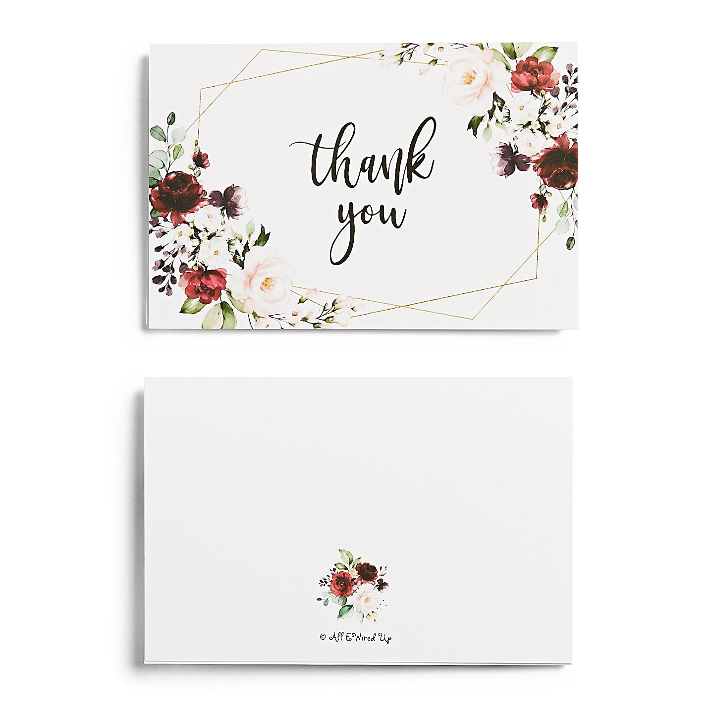 25 Burgundy Marsala Geometric Floral Thank You Cards, Perfect for Bridal Showers, Weddings, Baby Showers, any Occasion