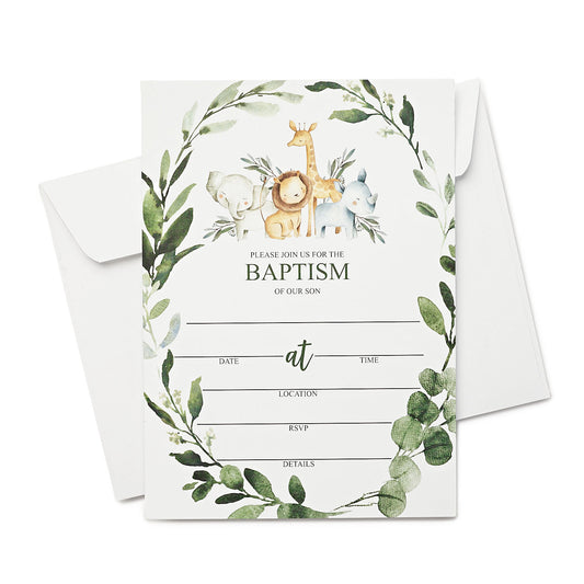 25 Jungle Baptism Invitations for Boys and 25 Envelopes Safari Animals (Large size 5X7 inch)