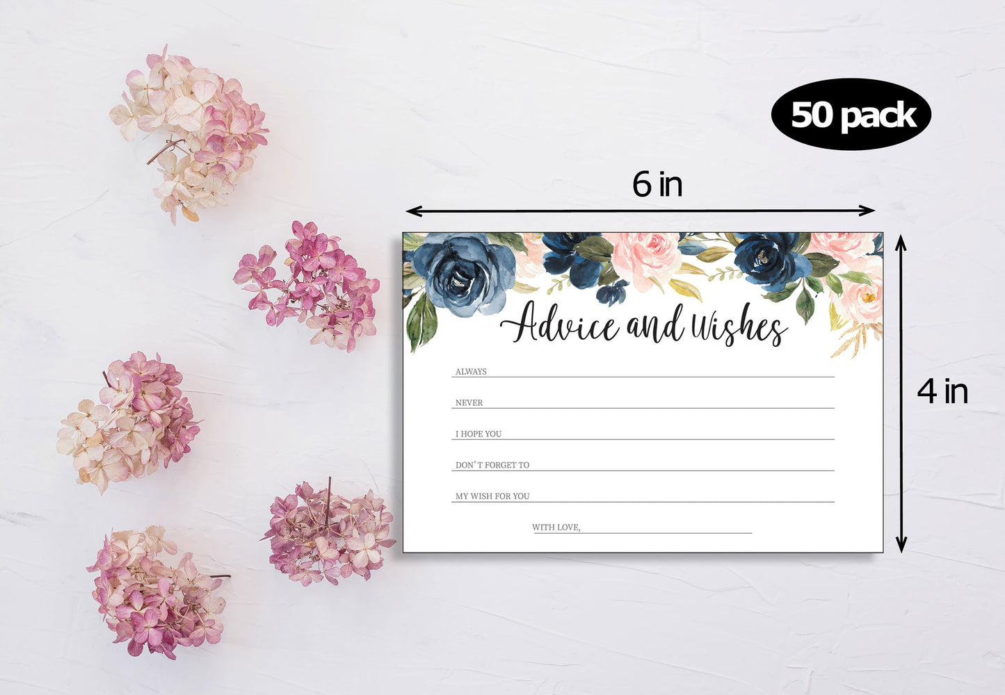 Set of 50 Advice and Wishes Cards - Double Sided Navy Pink Floral Cards, For Bride and Groom, Baby Shower, Bridal Shower, Wedding Shower, Couples Shower, Graduation Party, Anniversary, Retirement Party