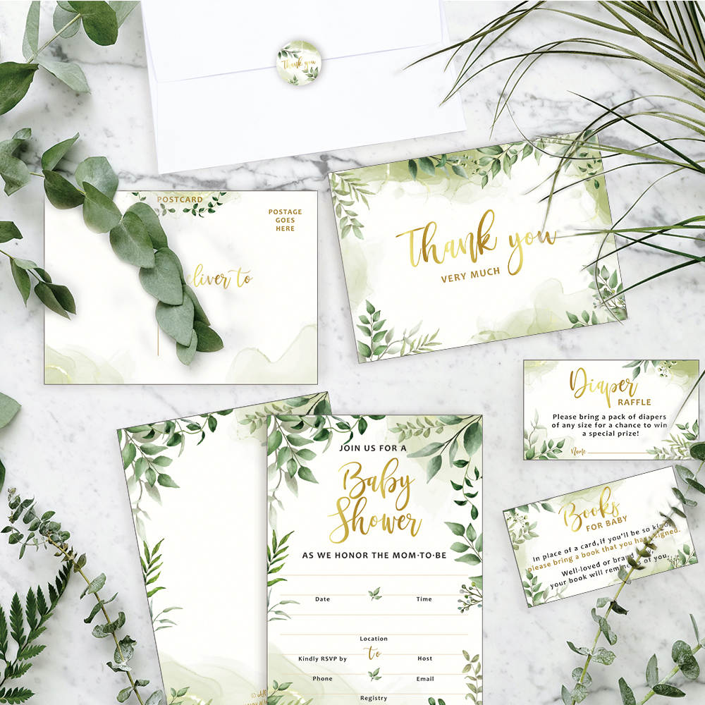 25 Double-Sided Greenery Baby Shower Invitation Set with Envelopes - Gender Neutral Blank Fill-in Invites for Boy or Girl