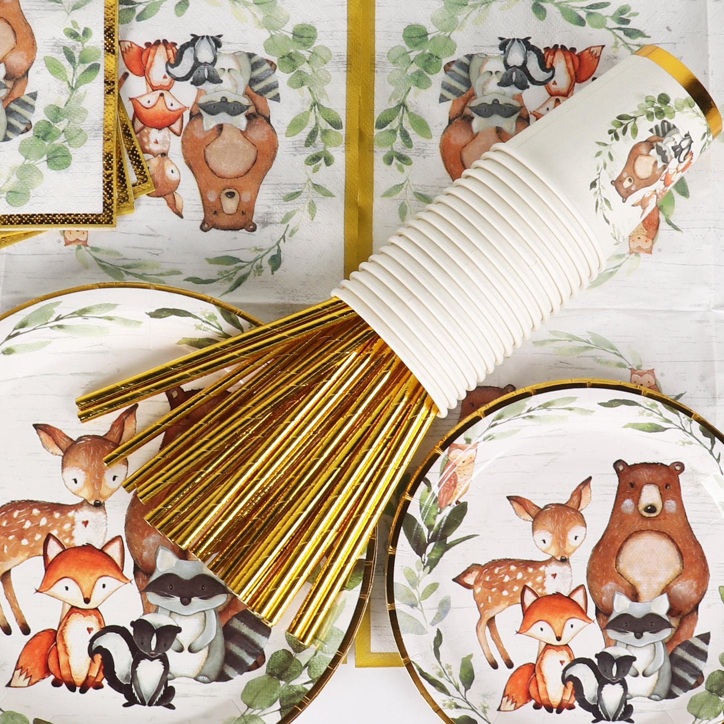 Gold Foil Woodland Baby Shower or Birthday | Serves 24 | Woodland Party Supplies Decorations | Baby Shower or Birthday for | Dinner Plates, Dessert Plates, Cups, Straws and Napkins Forest Animal Friends Theme Party Supplies