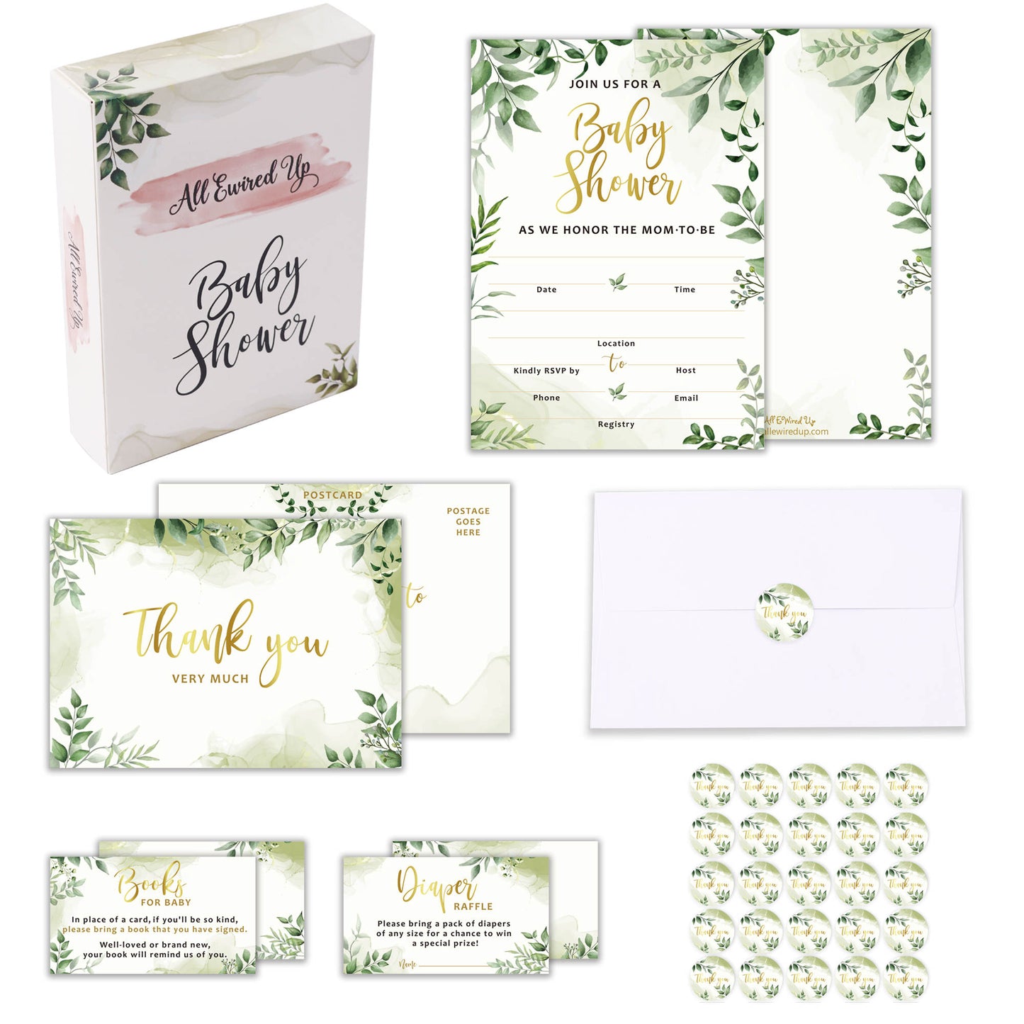 25 Double-Sided Greenery Baby Shower Invitation Set with Envelopes - Gender Neutral Blank Fill-in Invites for Boy or Girl