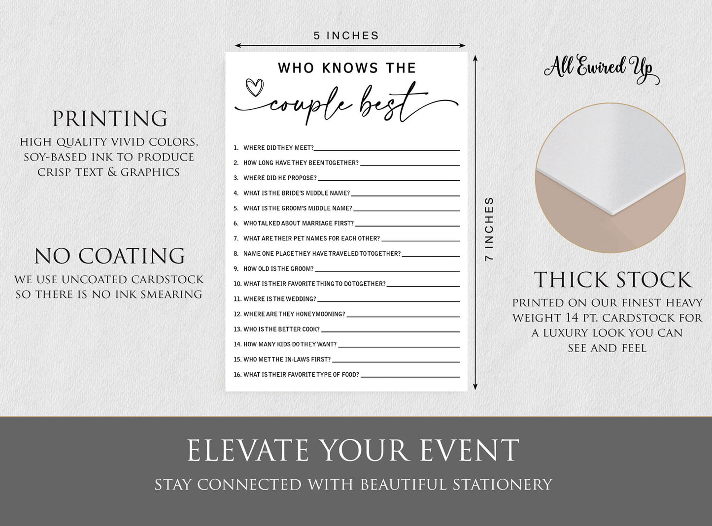 50 Who Knows the Couple Best? Wedding, Bridal Shower Game (50-Cards) Minimalist Script