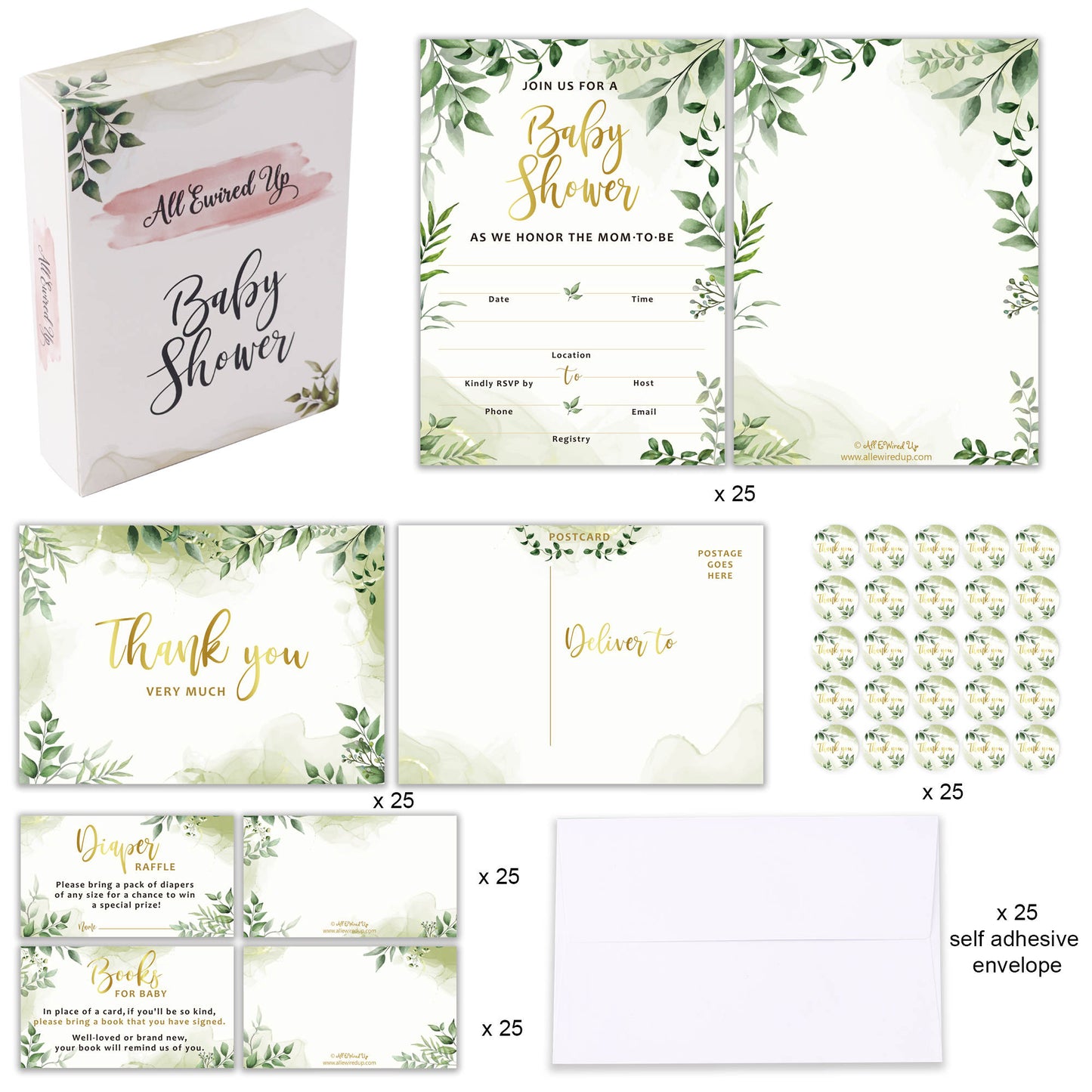 25 Double-Sided Greenery Baby Shower Invitation Set with Envelopes - Gender Neutral Blank Fill-in Invites for Boy or Girl