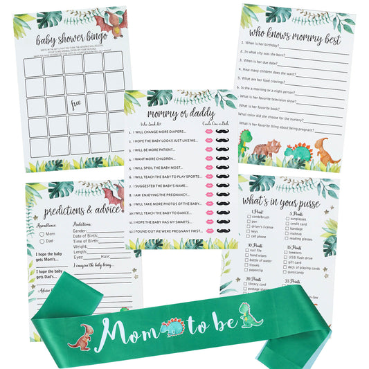 5 Game Large Dinosaur Baby Shower Game Pack (250-sheets) - Who Knows Mommy Best, Who Said It, Mommy or Daddy, What's in Your Purse, Gift Bingo, Advice Predictions