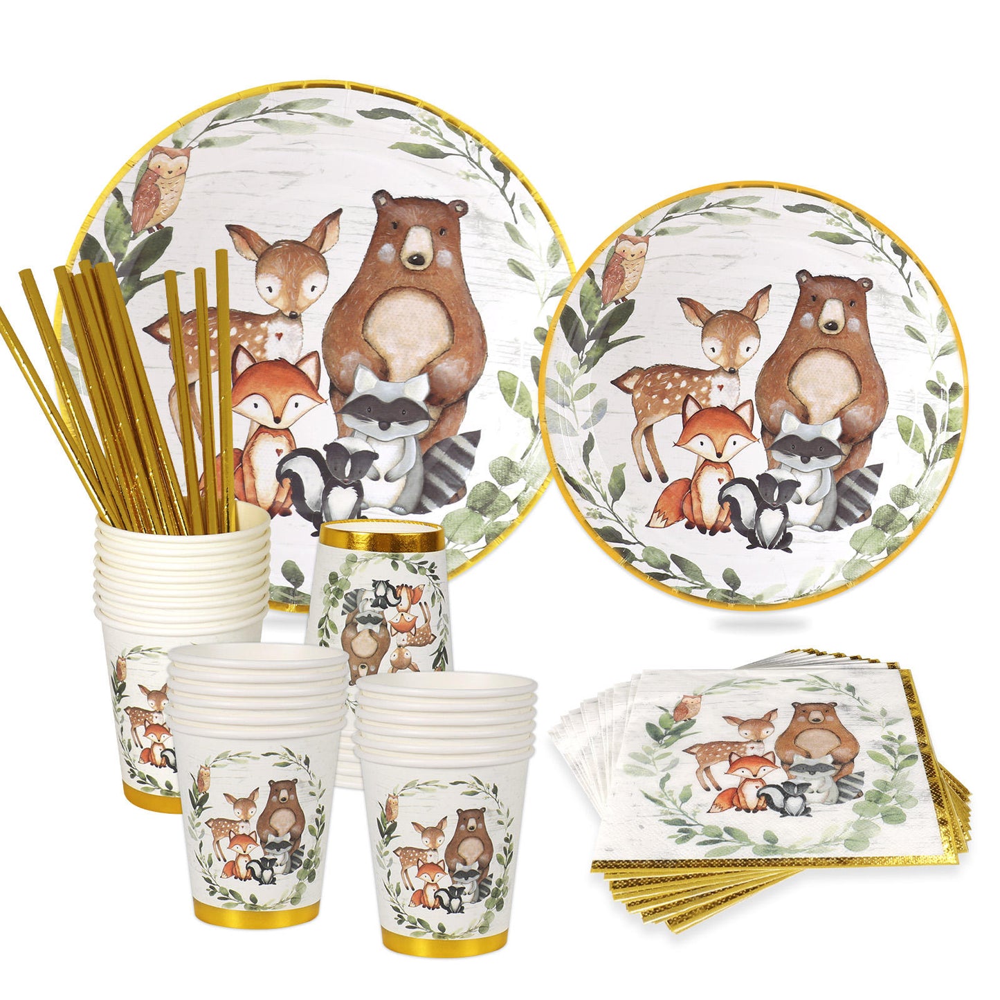 Gold Foil Woodland Baby Shower or Birthday | Serves 24 | Woodland Party Supplies Decorations | Baby Shower or Birthday for | Dinner Plates, Dessert Plates, Cups, Straws and Napkins Forest Animal Friends Theme Party Supplies