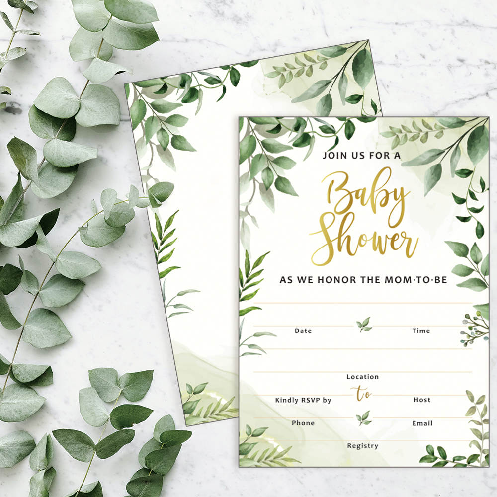 25 Double-Sided Greenery Baby Shower Invitation Set with Envelopes - Gender Neutral Blank Fill-in Invites for Boy or Girl