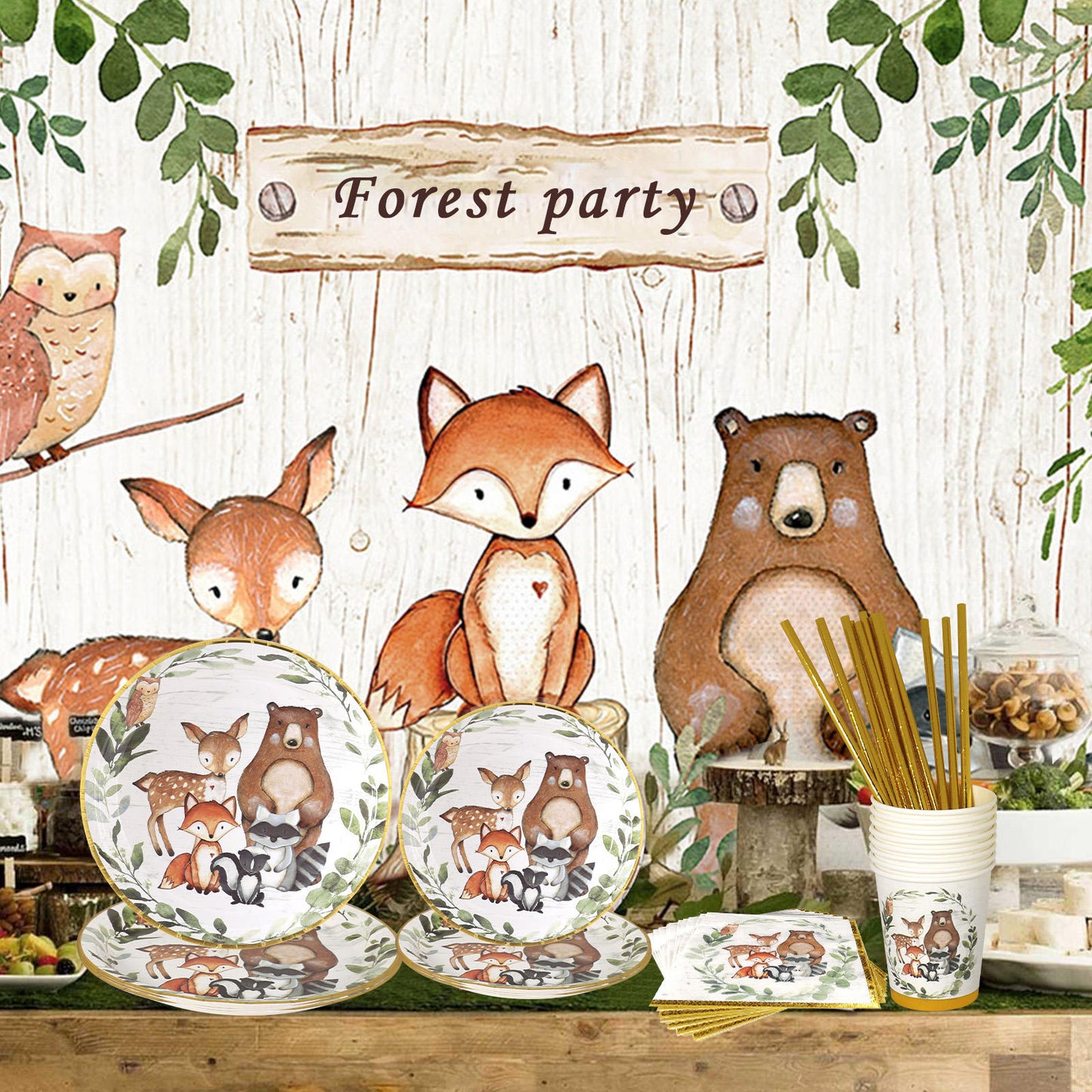 Gold Foil Woodland Baby Shower or Birthday | Serves 24 | Woodland Party Supplies Decorations | Baby Shower or Birthday for | Dinner Plates, Dessert Plates, Cups, Straws and Napkins Forest Animal Friends Theme Party Supplies