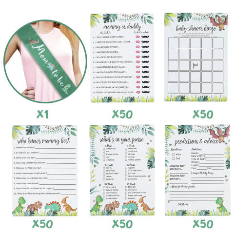 5 Game Large Dinosaur Baby Shower Game Pack (250-sheets) - Who Knows Mommy Best, Who Said It, Mommy or Daddy, What's in Your Purse, Gift Bingo, Advice Predictions