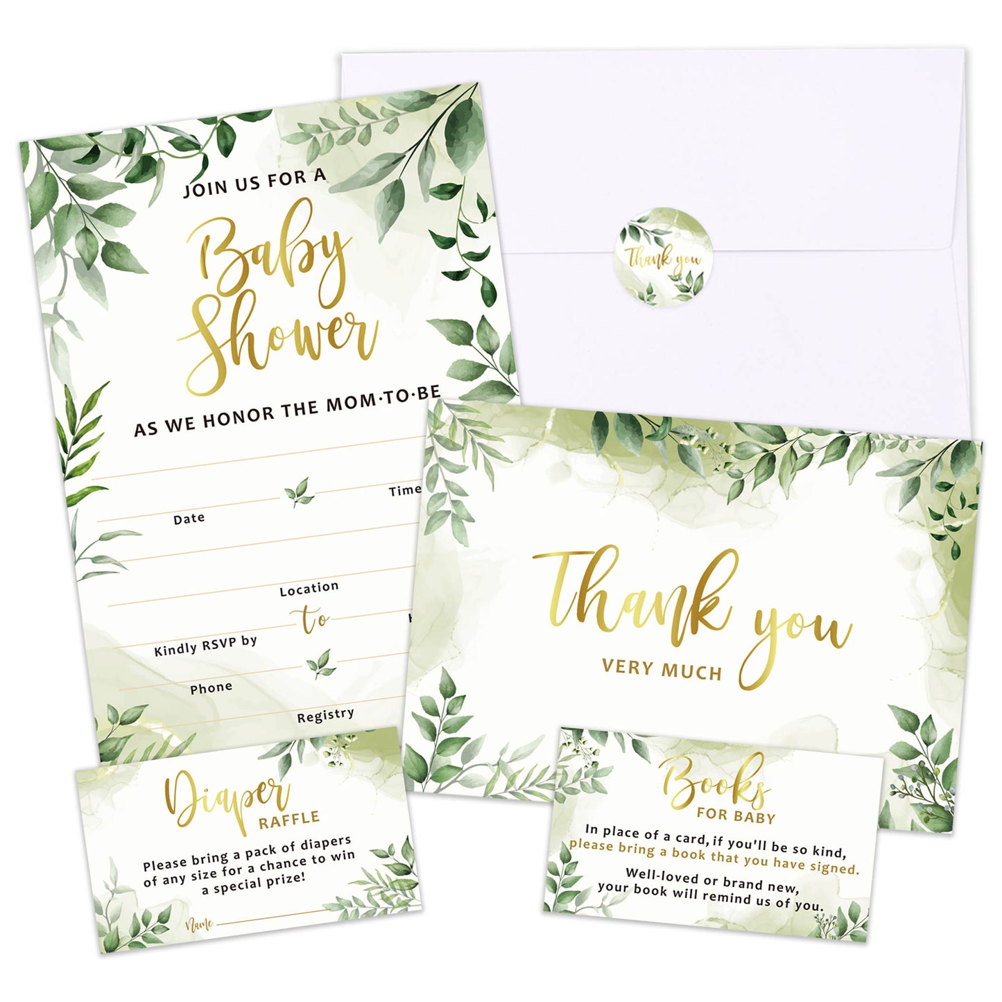 25 Double-Sided Greenery Baby Shower Invitation Set with Envelopes - Gender Neutral Blank Fill-in Invites for Boy or Girl