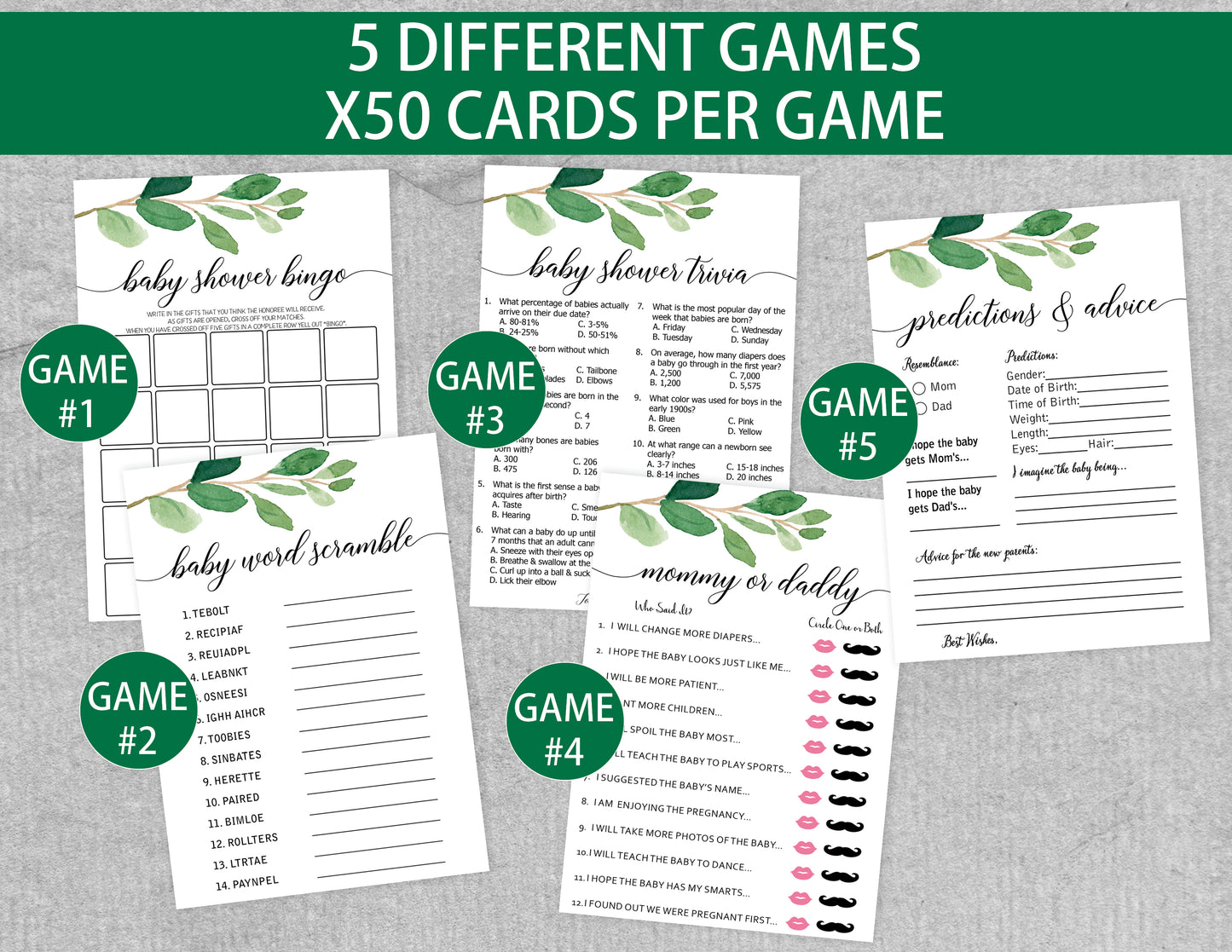 Set of 5 Large Greenery Baby Shower Games- 250 Piece Baby Shower Game Pack Including 50 Who Knows Mommy Best, 50 Who Said It, Mommy or Daddy, 50 What's in Your Purse, 50 Gift Bingo, 50 Predictions