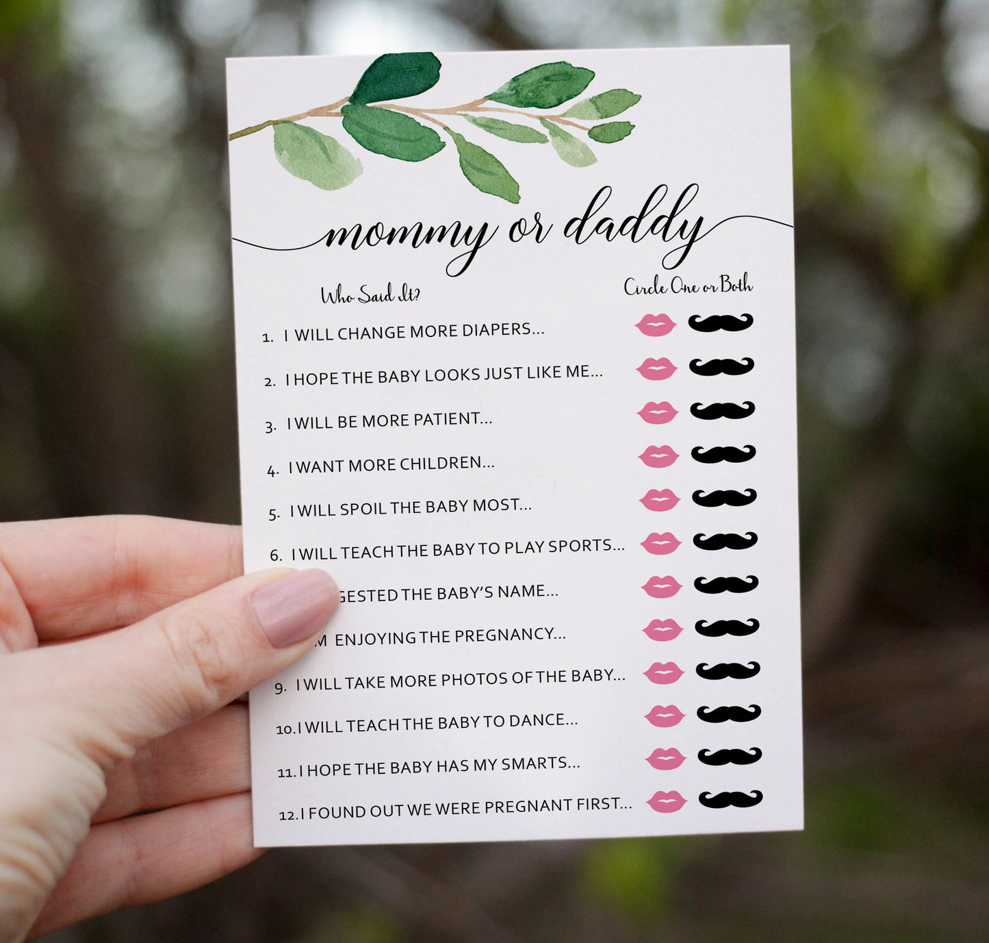 Set of 5 Large Greenery Baby Shower Games- 250 Piece Baby Shower Game Pack Including 50 Who Knows Mommy Best, 50 Who Said It, Mommy or Daddy, 50 What's in Your Purse, 50 Gift Bingo, 50 Predictions