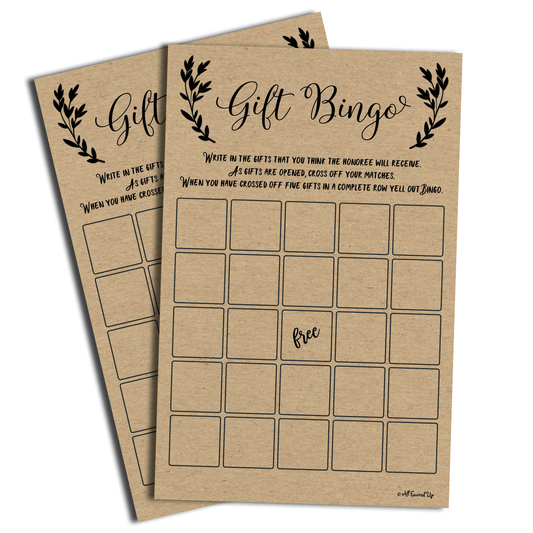 50 Gift Bingo Bridal or Baby Shower Game Kraft Rustic Wedding Bridal Shower Engagement Bachelorette Anniversary Party Game Ideas Bulk Vintage Blank Squares to Fill in Gift Ideas (Large Sheet Size)