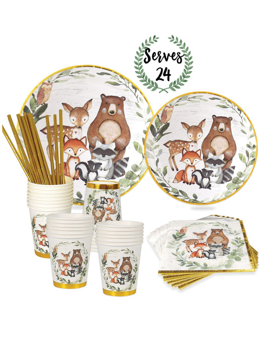 Gold Foil Woodland Baby Shower or Birthday | Serves 24 | Woodland Party Supplies Decorations | Baby Shower or Birthday for | Dinner Plates, Dessert Plates, Cups, Straws and Napkins Forest Animal Friends Theme Party Supplies