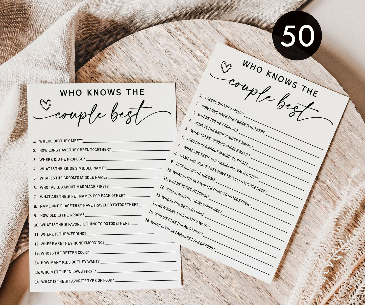 50 Who Knows the Couple Best? Wedding, Bridal Shower Game (50-Cards) Minimalist Script