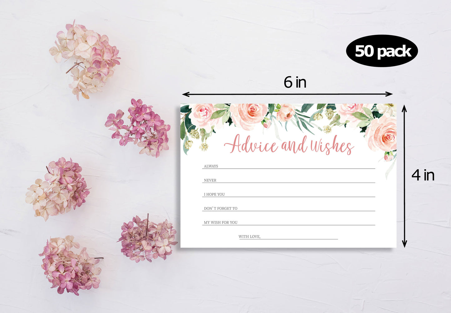 Set of 50 Advice and Wishes Cards - Double Sided Floral Cards, For Bride and Groom, Baby Shower, Bridal Shower, Wedding Shower, Couples Shower, Graduation Party, Anniversary, Retirement Party