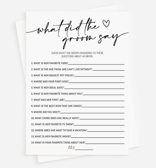 50 Bridal Shower Games What Did the Groom Say? (50-Cards) Minimalist Script