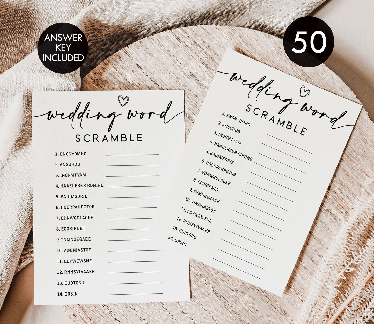 50 Wedding Word Scramble (50-Cards) Fun Bridal Shower Game Activity, Decorations, Engagement Party, Rehearsal Dinner, Minimalist Script