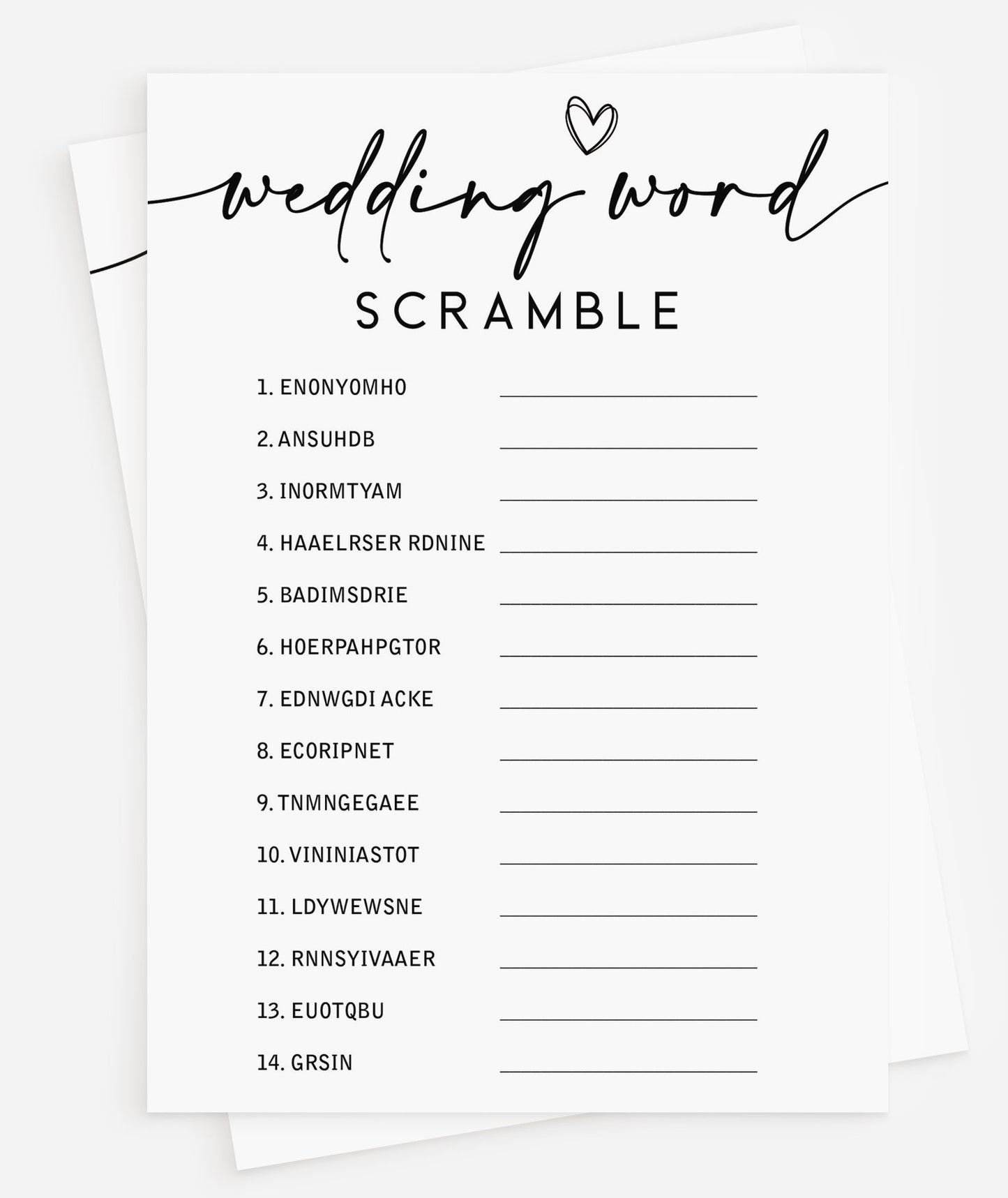 50 Wedding Word Scramble (50-Cards) Fun Bridal Shower Game Activity, Decorations, Engagement Party, Rehearsal Dinner, Minimalist Script