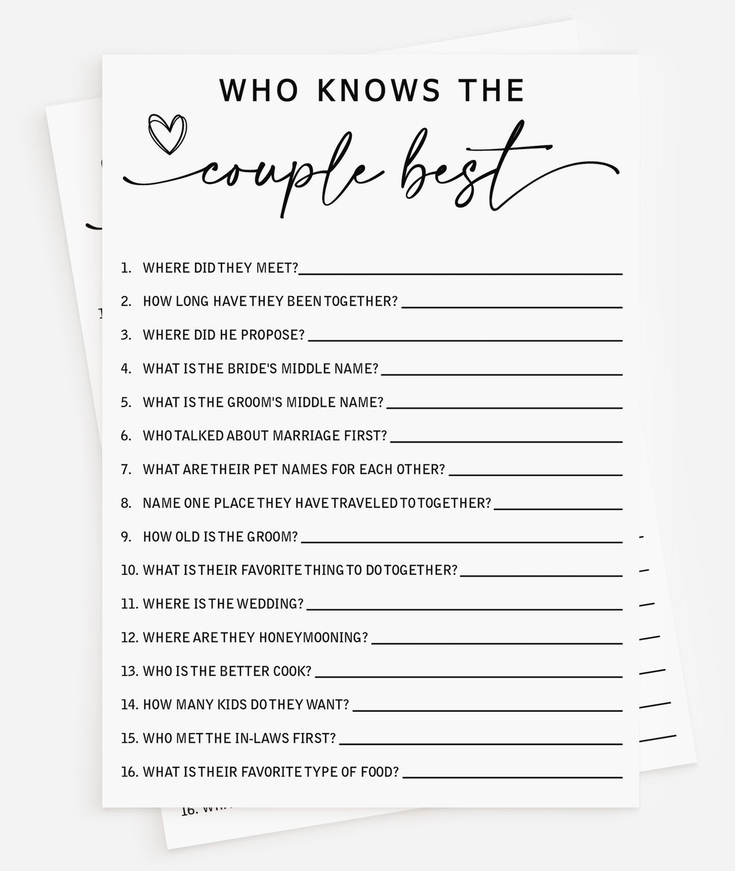 50 Who Knows the Couple Best? Wedding, Bridal Shower Game (50-Cards) Minimalist Script